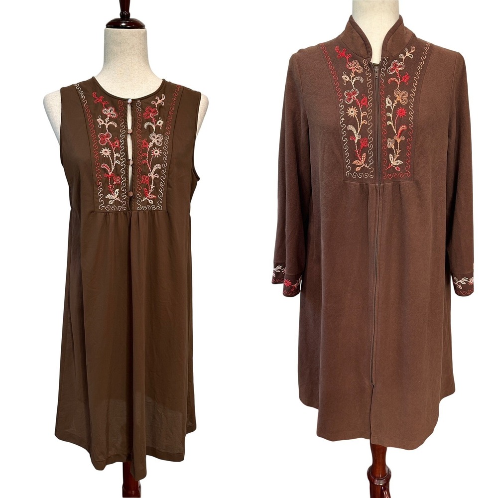 Vintage 1960s Gossard Artemis Brown Embroidered Robe & Gown Set Sz Medium‎ Rare!